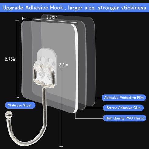 30 Packs Large Adhesive Wall Hooks, Heavy Duty Hold 44lb(Max) Wall Hooks for Hanging, Transparent Waterproof Rustproof Sticky Hooks for Kitchen Ba...