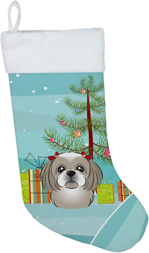 Caroline's Treasures BB1622CS Christmas Tree and Gray Silver Shih Tzu Christmas Stocking Fireplace Hanging Stockings Christmas Season Party Decor ...