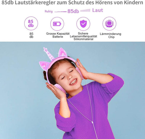 LOBKIN Unicorn Headphones Children, Cat Ear Headphones with Glowing LED, 85db Volume Limiter, Foldable Lightweight Children's Headphones with Micr...
