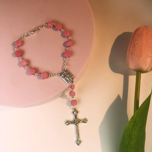 2PCS Car Mirror Decor Hanging Ornament?Pink Rosary Pendant?Catholic Car Rosary, GirlyCar Decor Accessories ?Rose?...