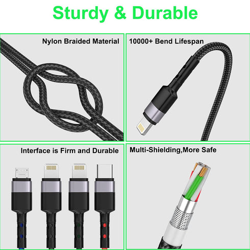 iPhone Charging Multi 4-in-1 USB Long Cable,3M/10Ft Nylon Braided Universal Phone Charger Cord USB C/Micro USB/Lightning*2 Connector Adapter for i...