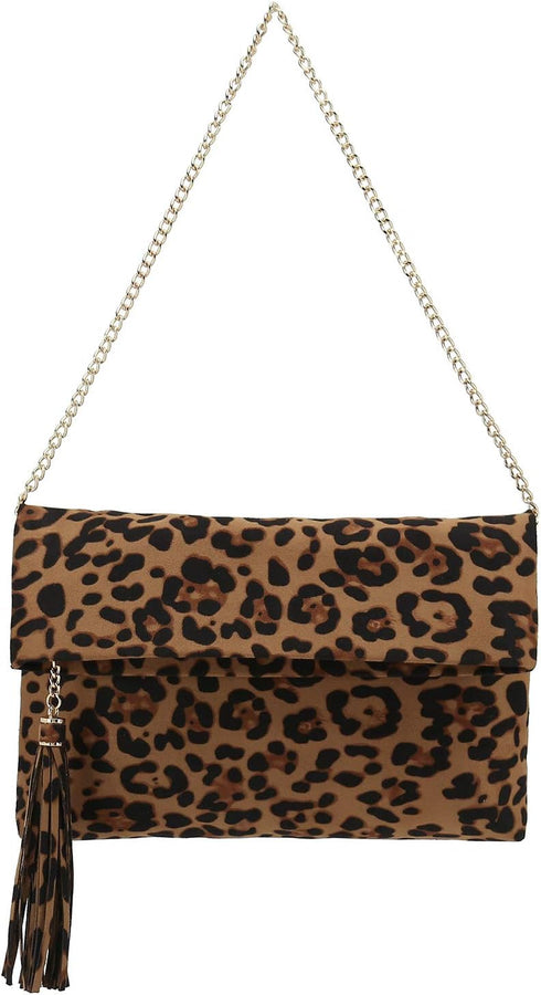 CHARMING TAILOR Leopard Clutch Bag for Women Tassel Foldover Clutch Faux Suede Dressy Purse for Day to Evening...