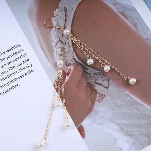 Vintage Pearl Drop Earrings Gold Pearl Tassel Earrings Long Pearl Chain Earrings Boho Pearl Earrings Jewelry for Women and Girls...