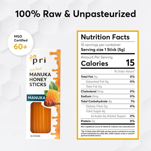 P.R.I Manuka Honey Sticks, Certified MGO 60+, Raw New Zealand Manuka Honey, Perfect for On-the-Go, 10ct...