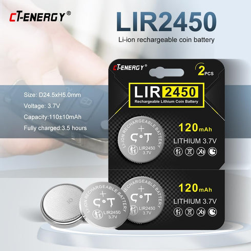 Rechargeable CR2450 Batteries 3.7V High Capacity 120mAh Lir2450 Battery 8 Pack...