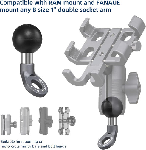 FANAUE MB-01 Angled Bolt Head Adapter Ball Base with 10mm Mounting Hole for RAM Mounts B Size Double Socket Arm and Bike Motorcycle Phone Holder, ...