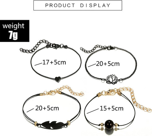 4Pcs Anklet Bracelet for Women Black Leaf Bead Braided Cord Anklet Dainty Hollow Lotus Heart Ankle Chain Summer Beach Foot Jewelry for Teen Girls...