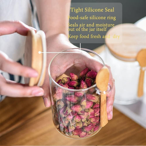 Spice Jars, Overnight Oats Containers with Airtight Lid and Spoon, Decorative Kitchen Canisters Set, Glass Storage Containers for Coffee, Tea, Sug...