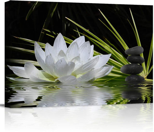 Canvas Wall Art - White Lotus and Black Zen Stones Picture - Modern Wall Decor Gallery Canvas Wraps Giclee Print Stretched and Framed Ready to Han...