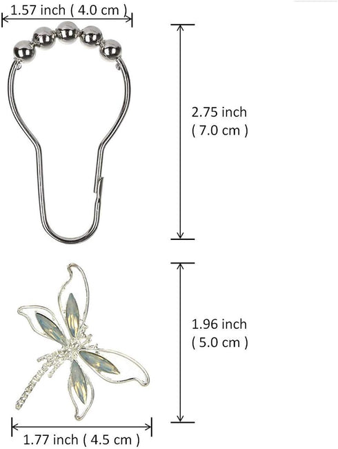 Crystal Dragonfly Shower Curtain Hooks - Brushed Nickel Rings with Rhinestones Dragonfly Pendant,Rust Proof Silver Metal Curtain Hangers (Silver)...