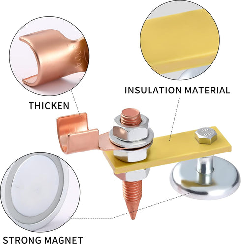 2 Pack Magnetic Welding Support Ground Clamp Tools with 2 Conductive Rods, Welding Magnet Head Strong Magnetism Large Suction, Copper Tail Welding...