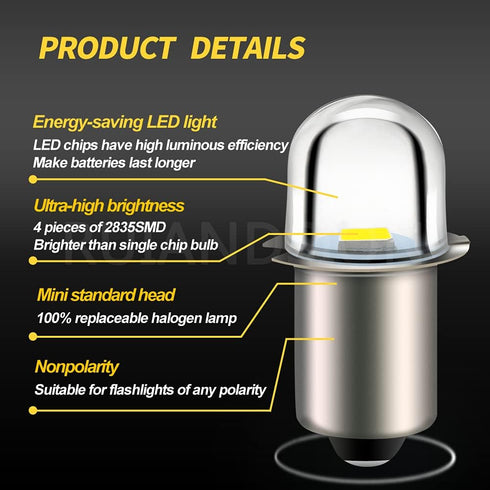 Ruiandsion Upgrade LED Flashlight Bulb 18V P13.5S Base Socket White LED Bulbs Replacement for Flashlight Torch Lights,Non-Polarity (Pack of 5)...