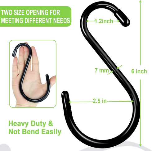 6 Inch Heavy Duty S Hooks, Large S Hook for Hanging Plants, Vinyl Coated S Hook 6 Pack Sturdy Non Slip Black S Hooks for Hanging Closet,Bird Feede...