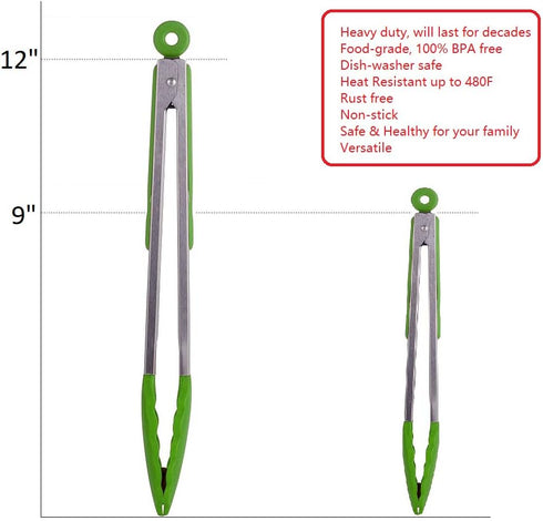 Kitchen Tongs Set of 2 – 9 inch & 12 inch – Stainless Steel Food Tongs with Silicone Tips – Premium Locking Non-stick Tongs for Cooking, BBQ, Gril...