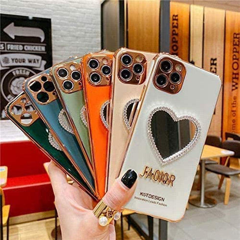 Makeup Mirror Mobile Phone Case, Luxurious Bling Heart-Shaped Mirror Phone Case for iPhone 14 (14 Pro, Black)...