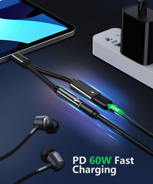 2 in 1 USB C to 3.5mm Headphone Audio and Charger Adapter, Type c to Aux Hi-fi Audio with PD 60W Fast Charge for iPhone 15 Plus, Galaxy S23 S22, P...