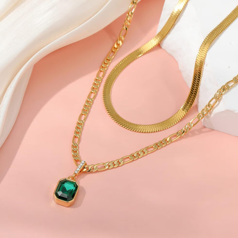 ACECHA Gold Layered Necklaces for Women, 18K Gold Plated Emerald Pendant Rectangle Necklaces for Teen Girls, Layering Choker Necklace Jewelry Gift...