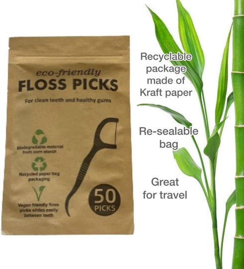 Sofi's Cute Corner Bamboo Toothbrushes, Soft Charcoal Bristles 4 Pcs. Eco Friendly Dental Floss Pick, Charcoal Thread Flosser 50 Ct, Sustainable -...