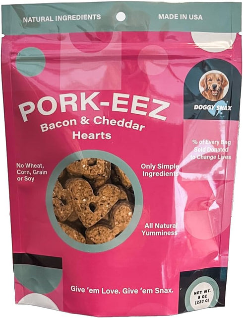 Pork-EEZ Bacon and Cheddar Flavored Natural Dog Treats. Heart Shaped Cookie Snacks formulated with no Corn, Soy, or Wheat....