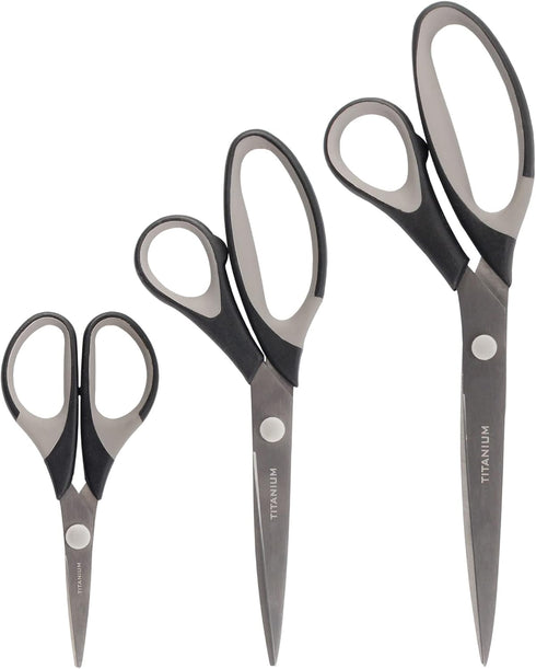 BambooMN Titanium Softgrip Scissors Set for Sewing, Arts, Crafts, Office - 1 Set of 3 - Black w/Grey Inlays...
