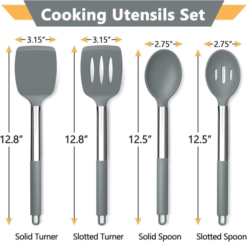 Kitchen Utensils Set, 4Pcs P&P CHEF Silicone Cooking Utensils Spatulas, Heat-proof Turner Spoon for Turning Mixing, Dishwasher Safe, (Grey)...
