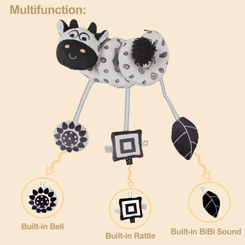 Baby Hanging Stroller Toy, Animal Spiral Plush Circle Activity Car Seat Travel Toys, Black and White Squeak Early Educational Toy for Newborn Boys...