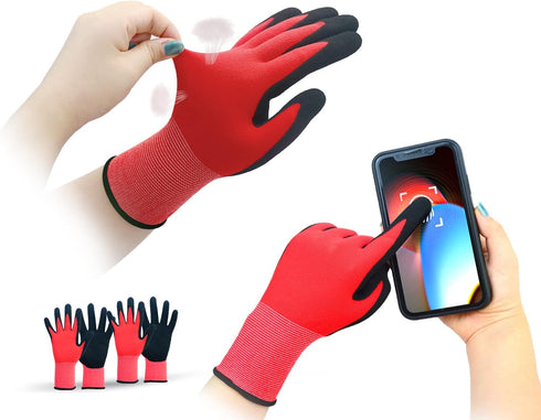 Nitrile Coated Garden Gloves for Women and Men, Red, Small...