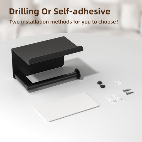 Adhesive Toilet Paper Holder with Phone Shelf, Wall Mounted Toilet Paper Roll Holder, Rustproof Bathroom Tissue Roll Holder with Shelf, Sticky Toi...