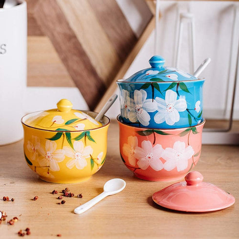 FUYU Hand-painted Flower Ceramic Condiment Pot Seasoning Jar Sugar Bowl with Lid and Spoon...