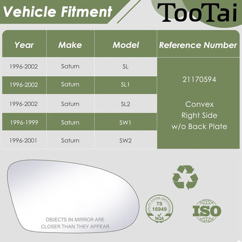 Passenger Side Replacement Mirror Glass - compatible with Saturn vehicles - SL SL1 SL2 1996-2002, SW1 1996-1999, SW2 1996-2001 - non-heated, witho...