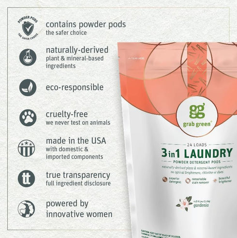 Grab Green 3-in-1 Laundry Detergent Pods, 24 Count, Gardenia Scent, Plant and Mineral Based, Superior Cleaning Power, Stain Remover, Brightens Clo...