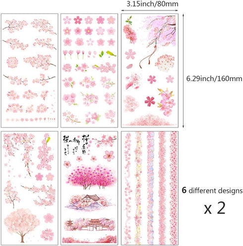 Cherry Blossom Stickers - Scrapbooking Large Flower Washi Stickers -12 Sheets DIY Decorative Scrapbook Decals Sticker for Art Journaling Planner E...