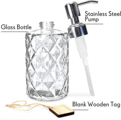 JASAI Diamond Design 12 Oz Glass Soap Dispenser, Kitchen soap Dispenser with 304 Rust Proof Stainless Steel Pump, Bathroom Soap Dispenser for Hand...