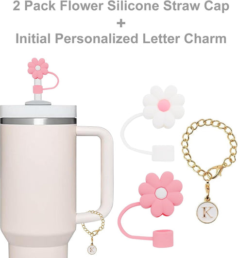 2PCS Straw Cover for Stanley Cup 30&40 Oz 10mm Flower Silicone Straw Topper Protector Lid with Initial Personalized Letter Charm Stanley Tumblers ...
