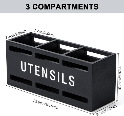 Wooden Cutlery Caddy, Black Utensil Holder Silverware Holder for Countertop Spoon and Fork, Flatware Organizer Storage Containers, Cooking Utensil...