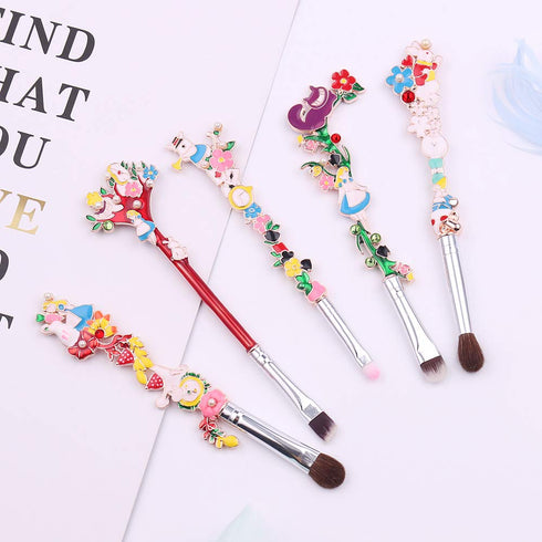 Alice in Wonderland Makeup Brush Set,5pcs Cute Alice Flower Makeup Brushes with Premium Synthetic Fiber and Metal Handle for Blush, Foundation, an...