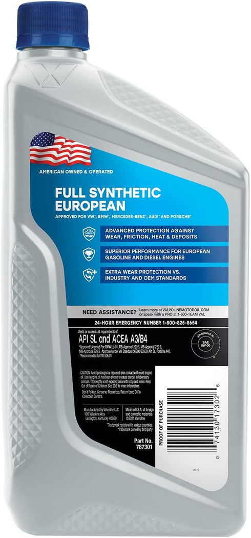 Valvoline European Vehicle Full Synthetic SAE 5W-30 Motor Oil 1 QT...