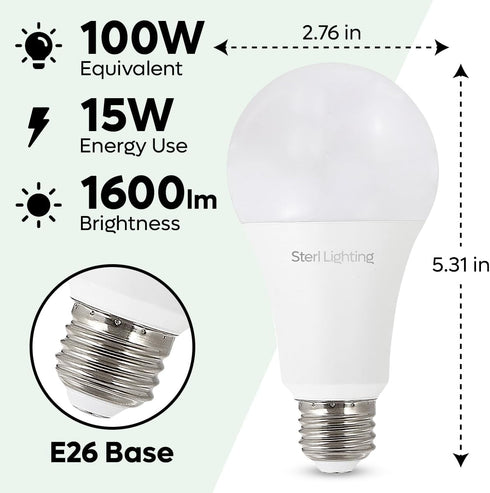A19 LED Light Bulbs 60W Equivalent 15W Energy Use, E26 Base 4000K Cool White Dimmable 1600Lumens Brightness and 220-Degree Beam Angle Classic Clea...