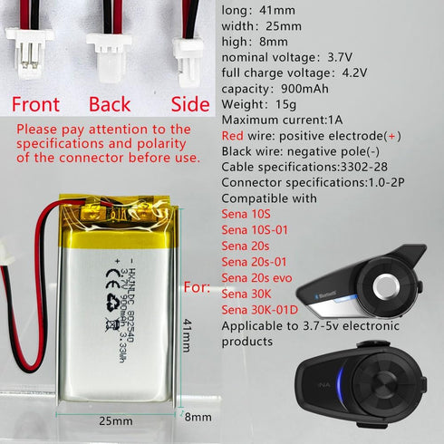 802540 3.7v 900mAh lithium battery for Sena 10S series Sena 10S-01 ena Sena 20s series Sena 20s-01 Sena 20s evo Sena 30K series Sena 30K-01D Motor...