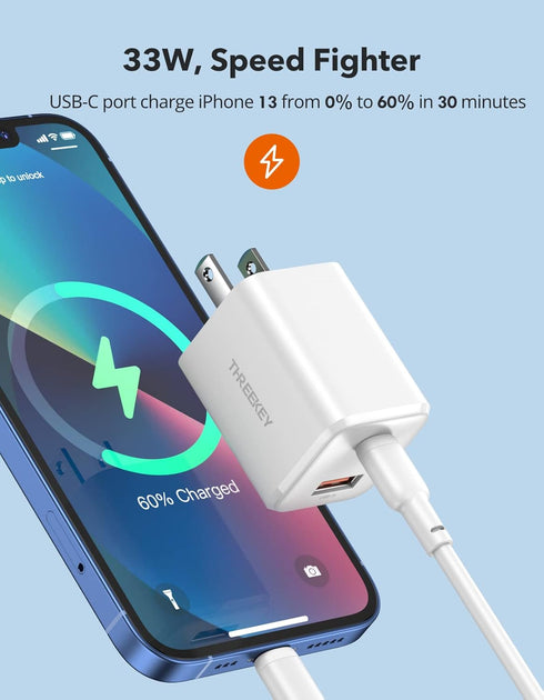 USB C Wall Charger,THREEKEY 33W Dual USB Port Charger Block, Type C Charger Fast Charging Power Adapter Compatible with iPhone 16/15/14/13/12/, iP...