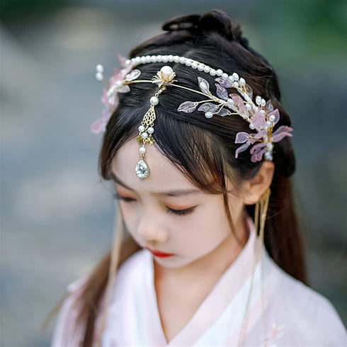 Long Tassel Headbands Hairband Simulated Pearl Leaf Tiaras and Crowns Hanfu Forehead Jewelry for Women Girls Hair Accessories (Metal Color : Style...