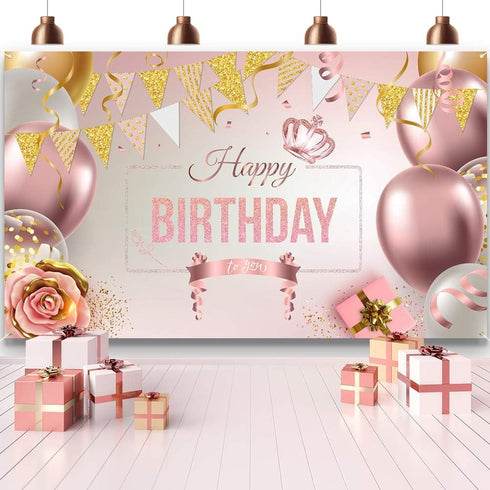 Happy Birthday Decorations Banner Large Rose Gold Balloons Backdrop Theme Poster for Girl Women Birthday Celebration Banner Party Supplies Photo B...