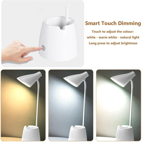 LED Desk Lamp, Desk Light with 3 Light Modes, Stepless Dimming, USB Rechargeable Touch 360 ° Flexible Gooseneck with Pen Holder and Cell Phone Sta...
