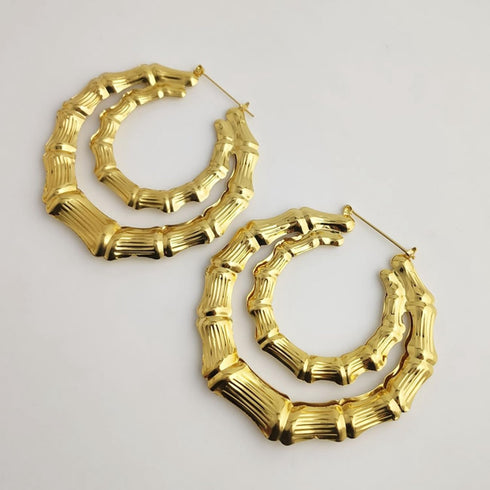Bamboo Oversized Bamboo Hoop Earrings for Women (Gold)...