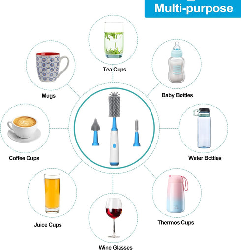 Electric Bottle Brush Cleaner with Rechargeable, Cleaning for Baby/Water/Wine/Thermos Bottles, Waterproof 2 Nipple and Straw Silicone Brush 1500mA...