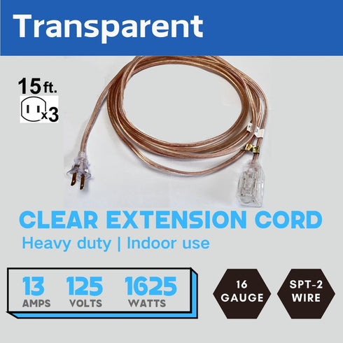Clear Extension Cord,15 Feet Indoor Extension Cord, Male to Female 3 outlets with Protective Cover, UL-Certified, 2 x 16 AWG 125VAC 13A, Perfect f...