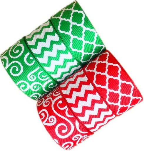 Christmas Ribbon 30 Yards(6 X 5yds) 1 Inch Red Green Grosgrain Ribbon Chevron Swirl Quatrefoil Printed...