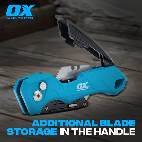 OX Tools Pro Heavy Duty Fixed Blade Folding Knife w/Easy Change Blade Button - Quick Fold Action & Strong Lightweight Construction | Includes 3 Re...