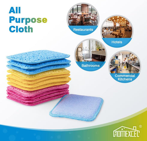 12 Pack Scrub & Wipe Cloths, Dual-Sided Sponges for Kitchen, All-Purpose Cloth for Dishes, Pots, Pans, Non-Stick Cookware, Countertops (Red, Yello...