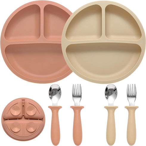 Silicone Baby Feeding Set, 2 Pack Divided Suction Plates for Baby, 2 Pack Spoons and Forks Set Baby Eating Essentials, Feeding Supplies for Toddle...
